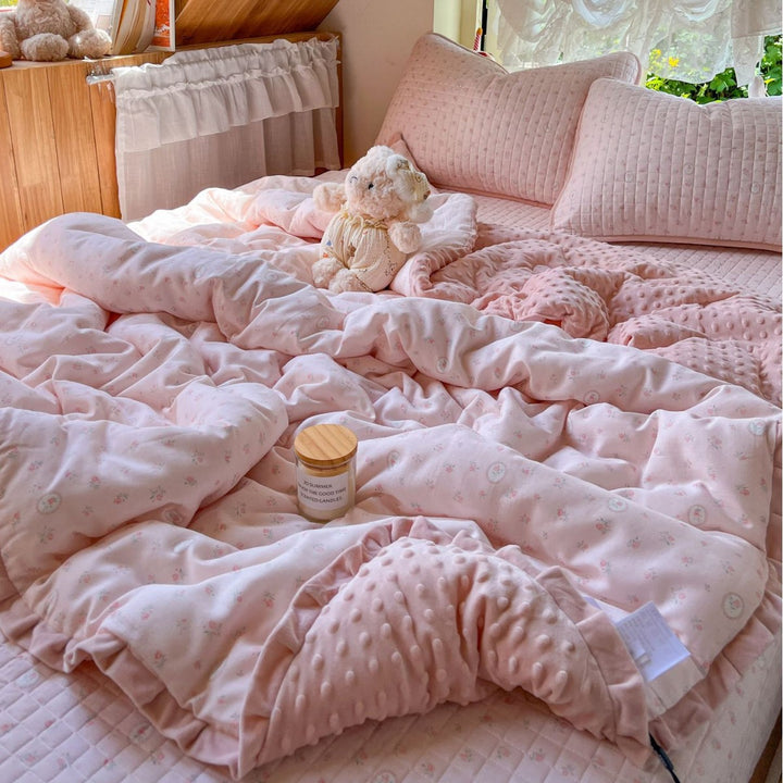 Children's Quilted Reversible Minky-Back Duvet Comforter Set with Ruffled Edge