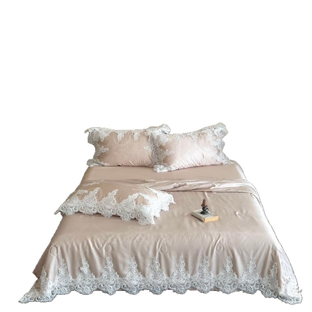 Luxurious satin bedding set with floral jacquard texture and lace trim
