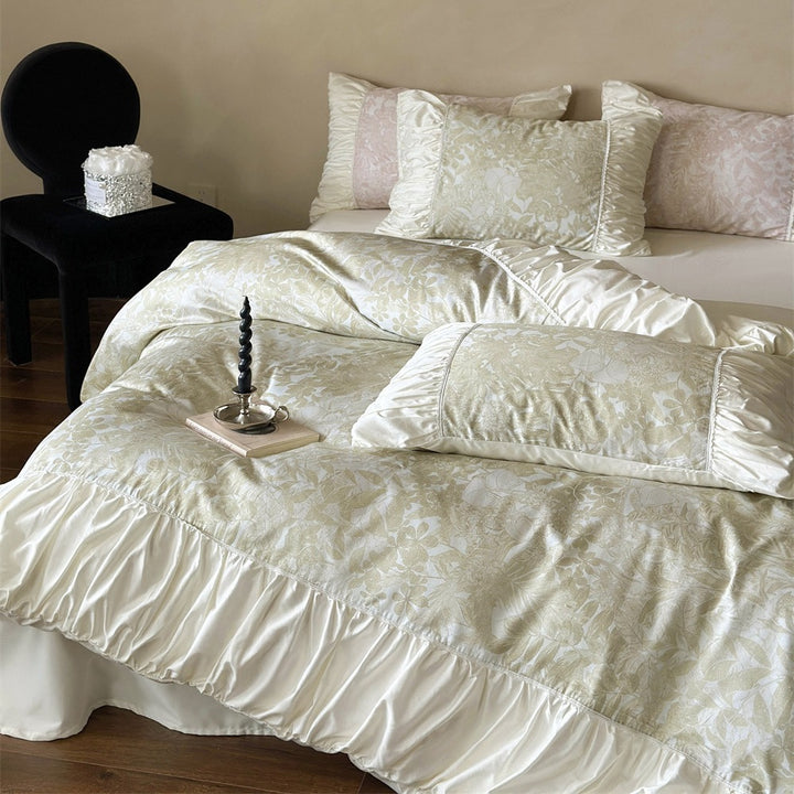 Luxurious jacquard bedding set with ruffled frill, satin trim, and decorative pillows