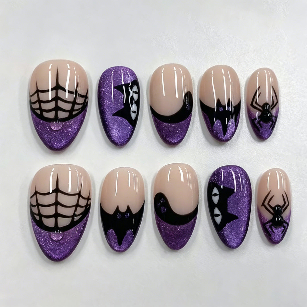 Halloween-Themed Press-On Nail Art Set with Spider and Web Designs