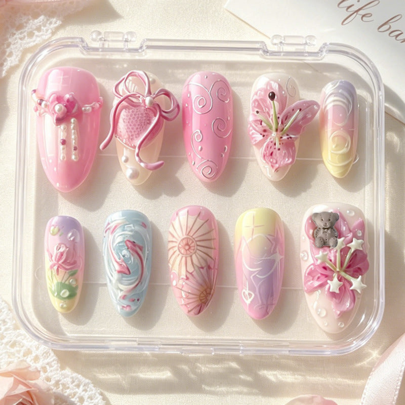 Artistic Press-On Nail Set with Floral and Graphic Designs Stornfield