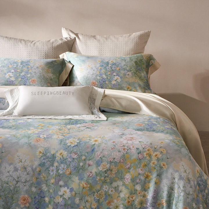 Botanical Watercolor Micro-Sateen Reversible Duvet Cover Set with Embroidered Lumbar Pillow