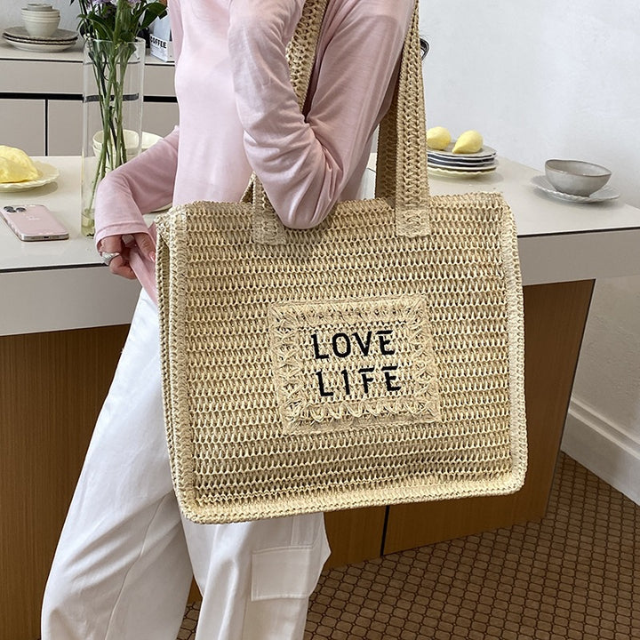 Woven Straw Tote Bag with Inspirational Print