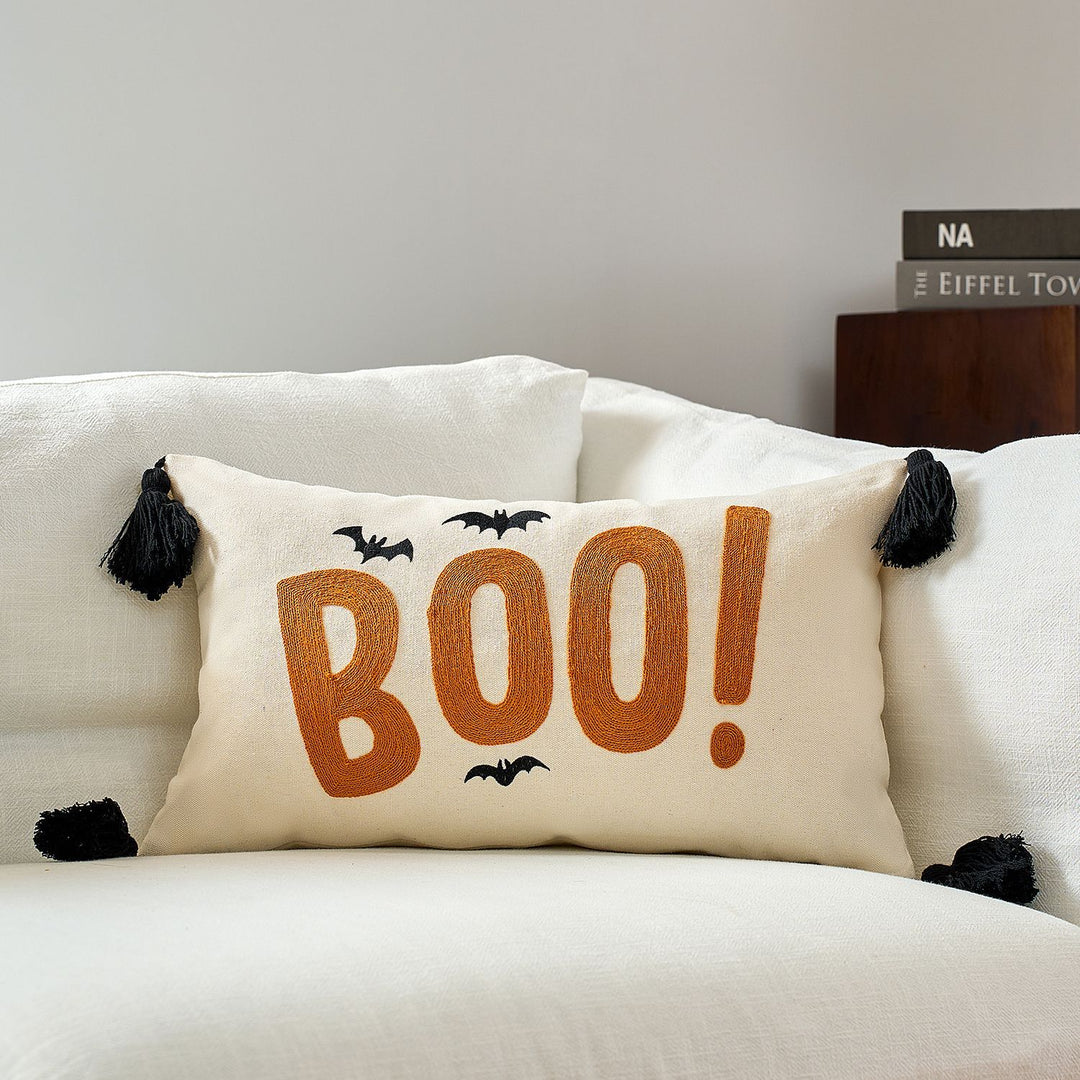 Halloween BOO Cotton-Linen Lumbar Accent Pillow Cover with Corner Tassels