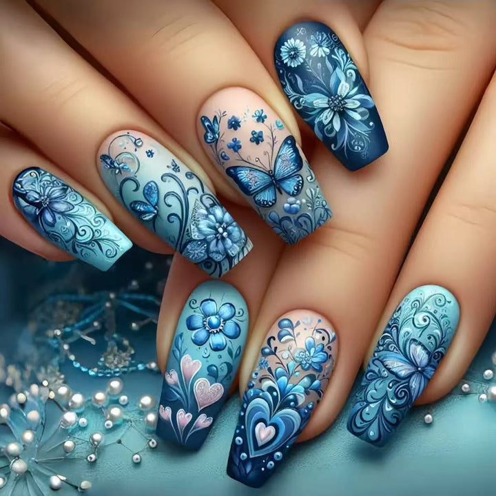 Artificial nail set with floral and butterfly patterns Stornfield