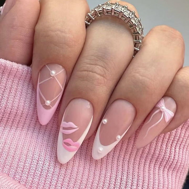 Artistic Press-On Nail Set with Kiss and Bow Design Stornfield