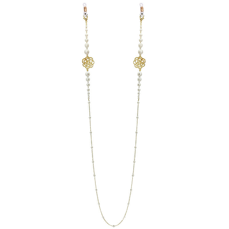 Sparkling glasses holder chain with pearls and floral pendants Stornfield