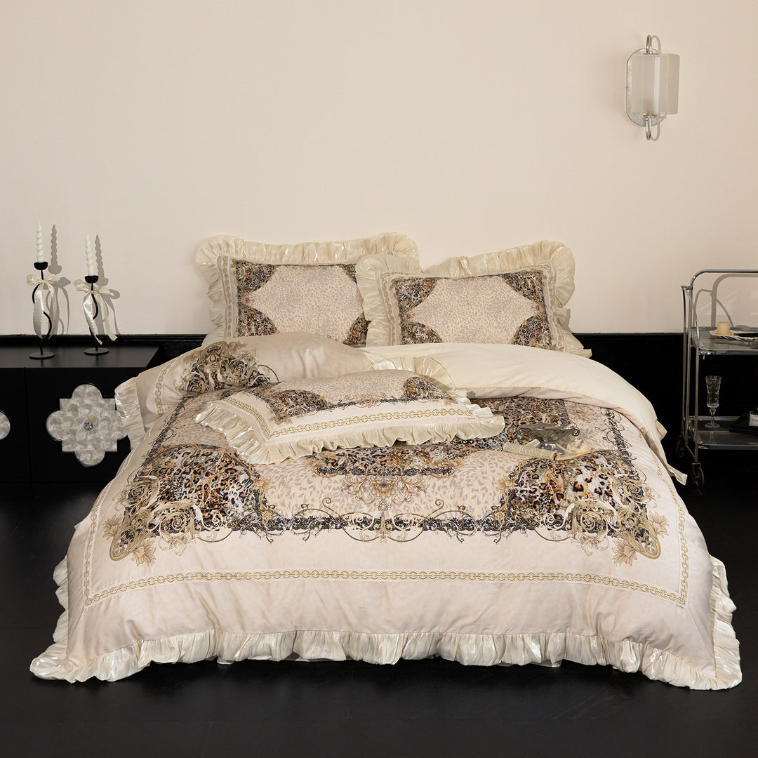 Baroque bed linen set with satin ruffles and ornamental print