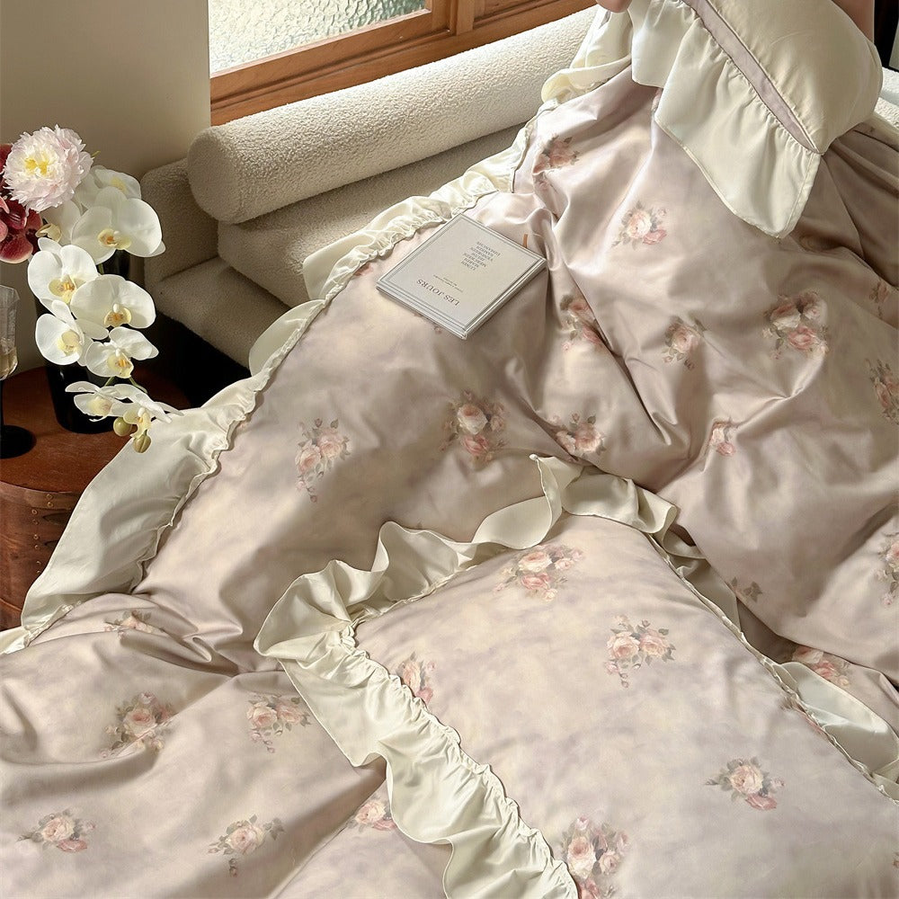 Vintage Ruffled Floral Duvet Cover Ensemble with Pillow Shams