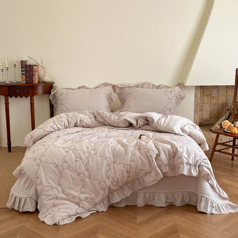Quilted Floral Embroidered Ruffled Cotton Duvet Cover Set