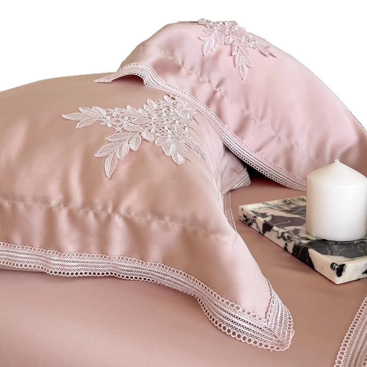 Silky Satin Duvet Ensemble with Floral Appliqué Embroidery, Scalloped Lace Border & Hidden Closure