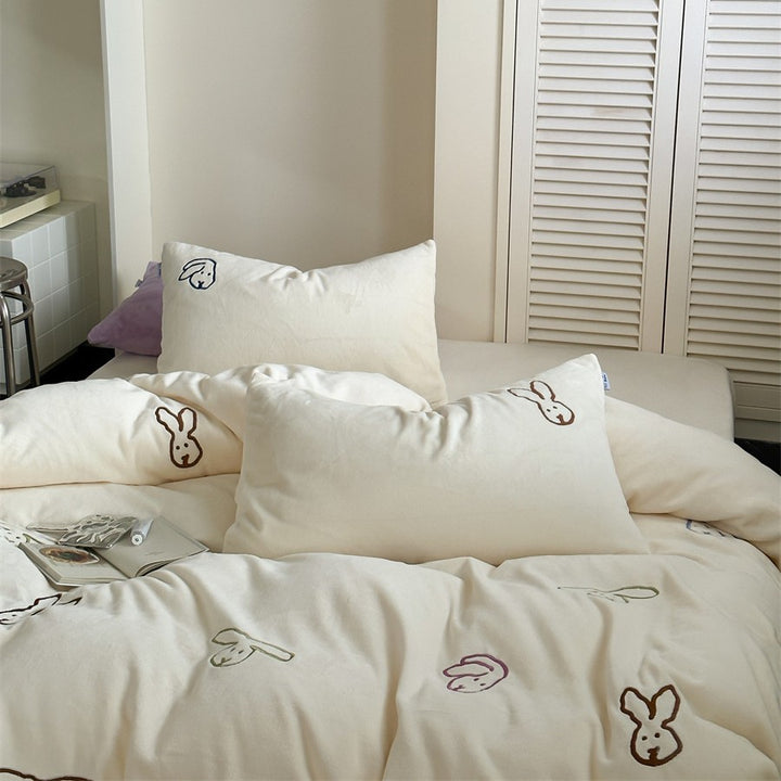 cozy fluffy microfiber bedding set with embroidered rabbit motifs