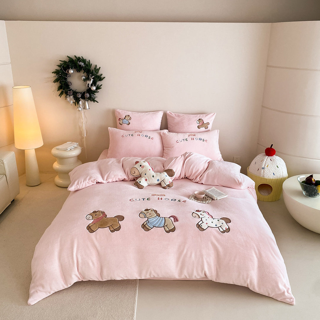 Children's Plush Horse Embroidered Duvet Cover Bedding Set