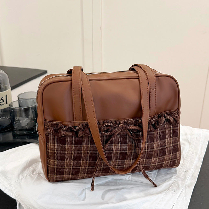 Stylish Plaid Trimmed Satchel