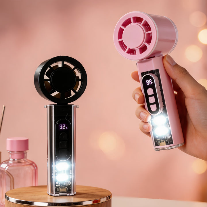 Women Portable Hand Fan with Temperature Display and LED Lighting Stornfield