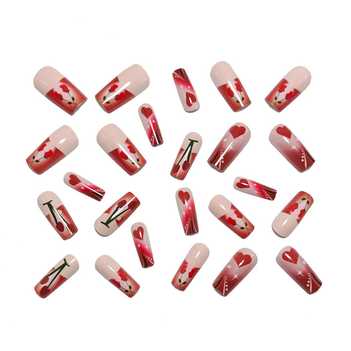 Artificial nails with romantic heart and cherry design Stornfield