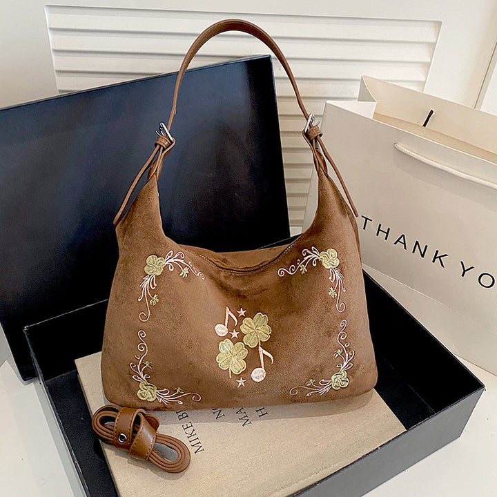 Embroidered Suede Hobo Handbag