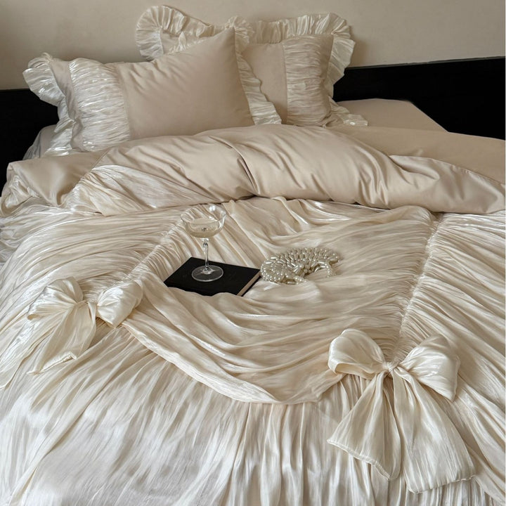 Luxury Pleated Satin Ruffled Bedspread Set with Decorative Bow Accents and Matching Pillow Shams