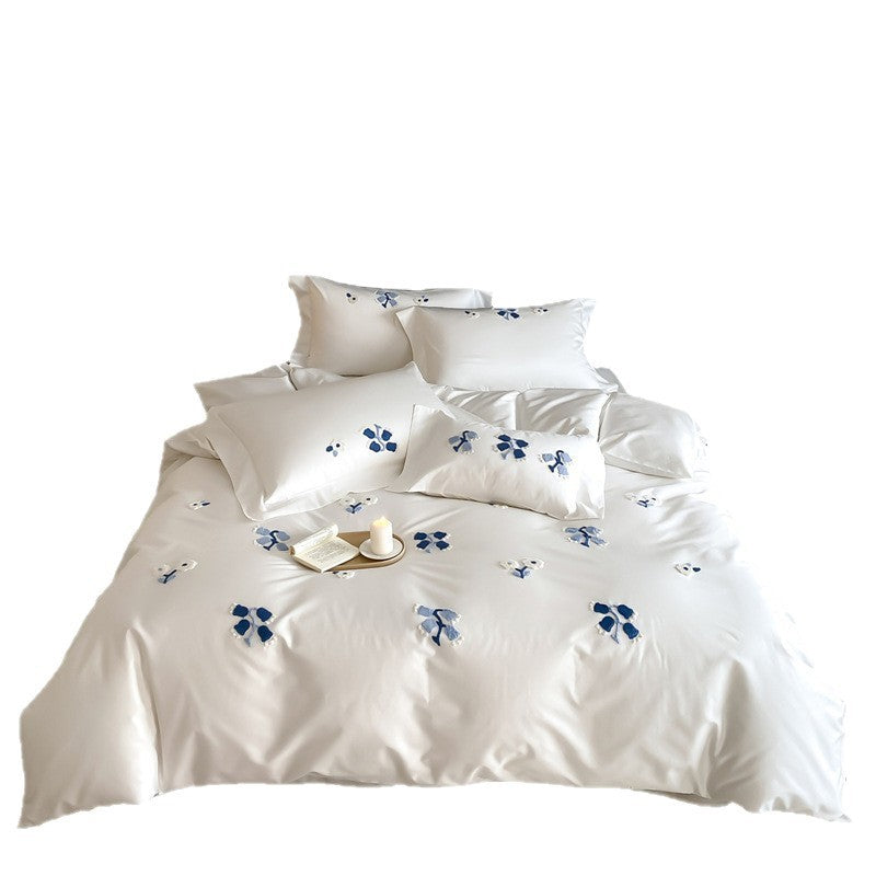 Embroidered Floral Appliqué Sateen Duvet Cover Set with Hidden Closure and Corner Ties
