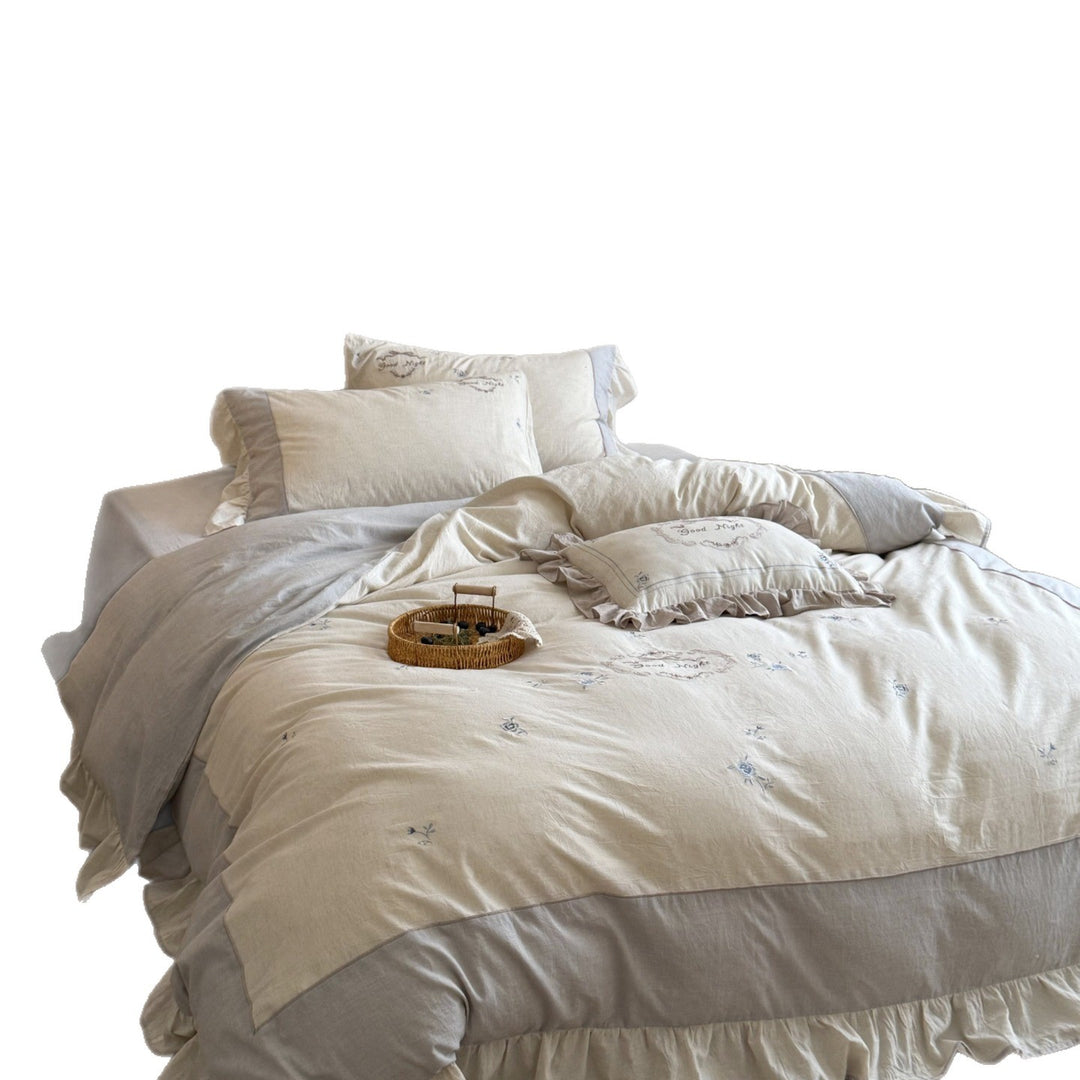 Embroidered Linen-Cotton Duvet Cover Set with Ruffled Shams & Decorative 'Good Night' Pillow