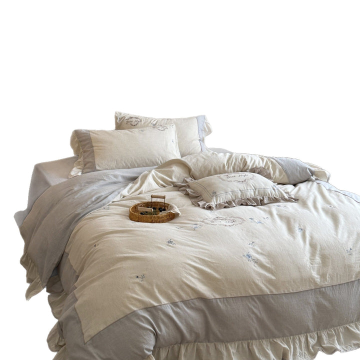 Embroidered Linen-Cotton Duvet Cover Set with Ruffled Shams & Decorative 'Good Night' Pillow