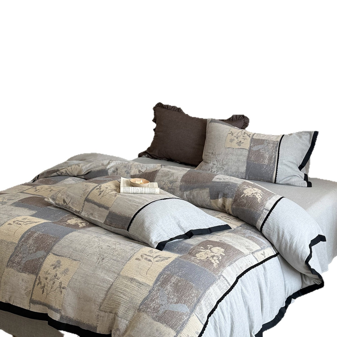 Reversible Patchwork Linen Cotton Duvet Cover Set with Floral Block Print and Piped Edge