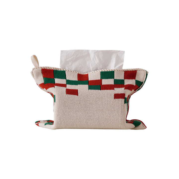 Knitted tissue box cover with geometric jacquard pattern and zipper Stornfield