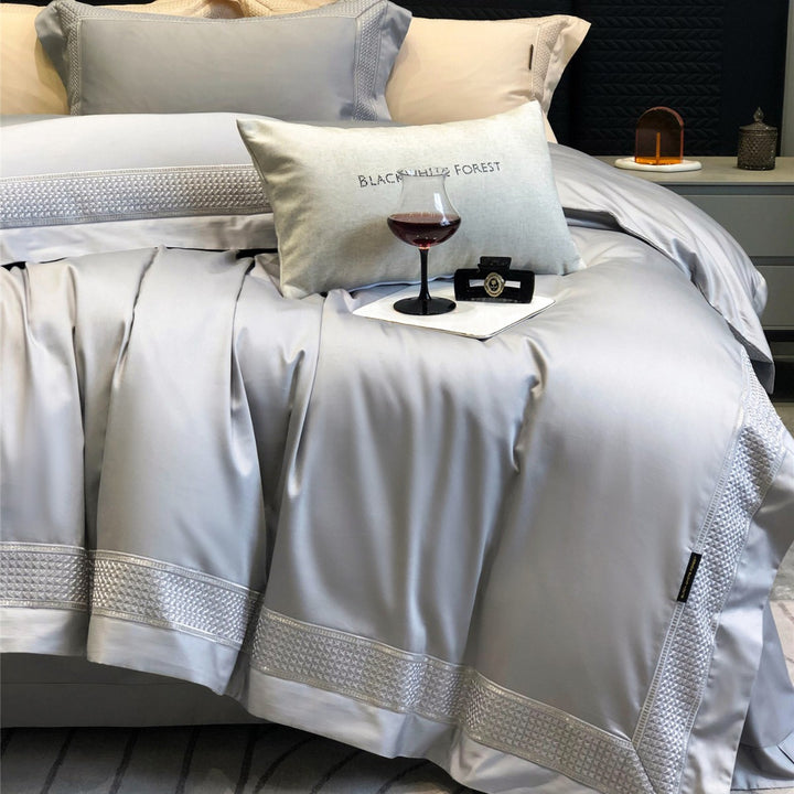 Luxury Satin-Feel Embroidered Duvet Cover Set with Decorative Hem & Pillow Shams