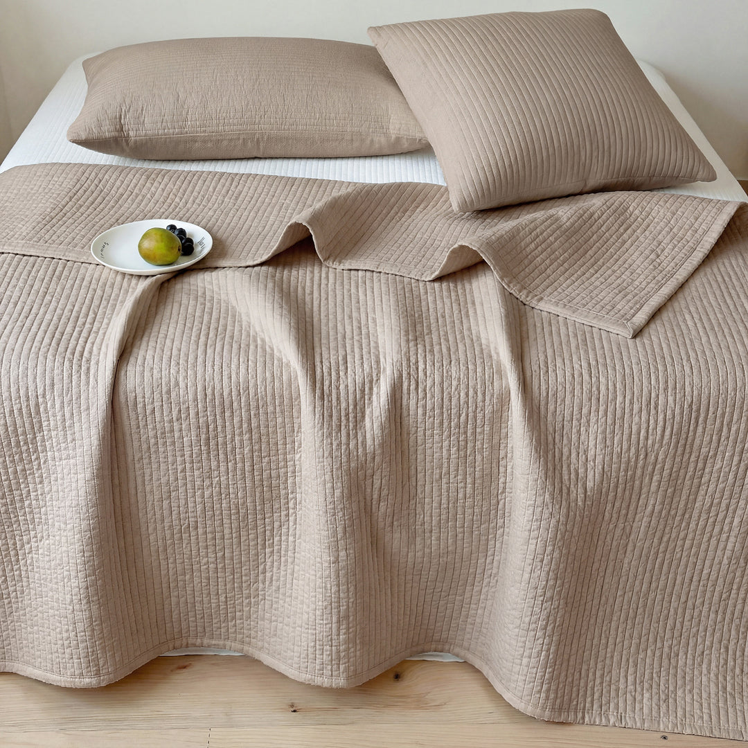 Quilted cotton bedspread set with fine linear stitching