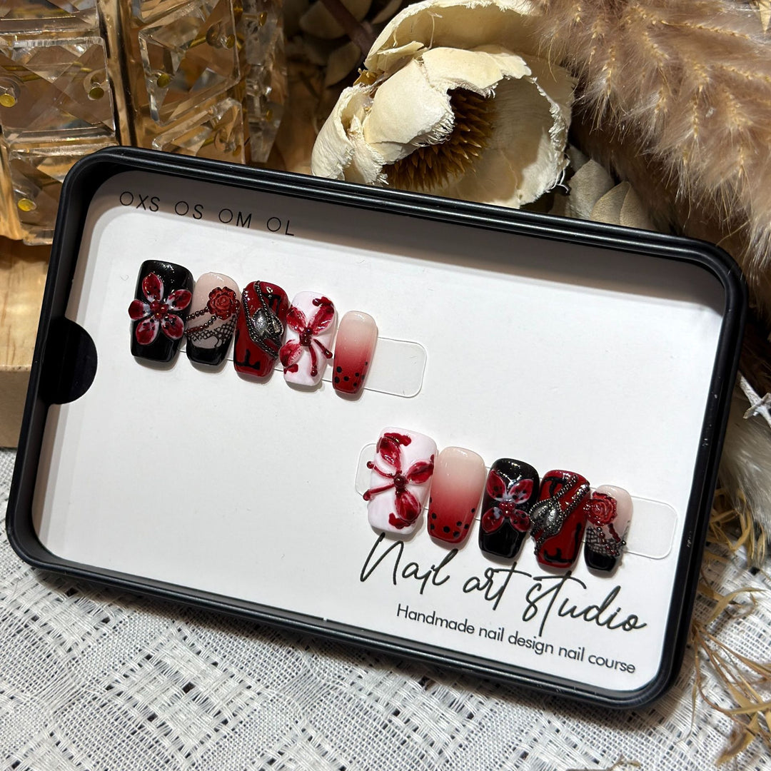 Artistic Nail Decoration Press-On Set with Unique Floral and Gemstone Designs Stornfield
