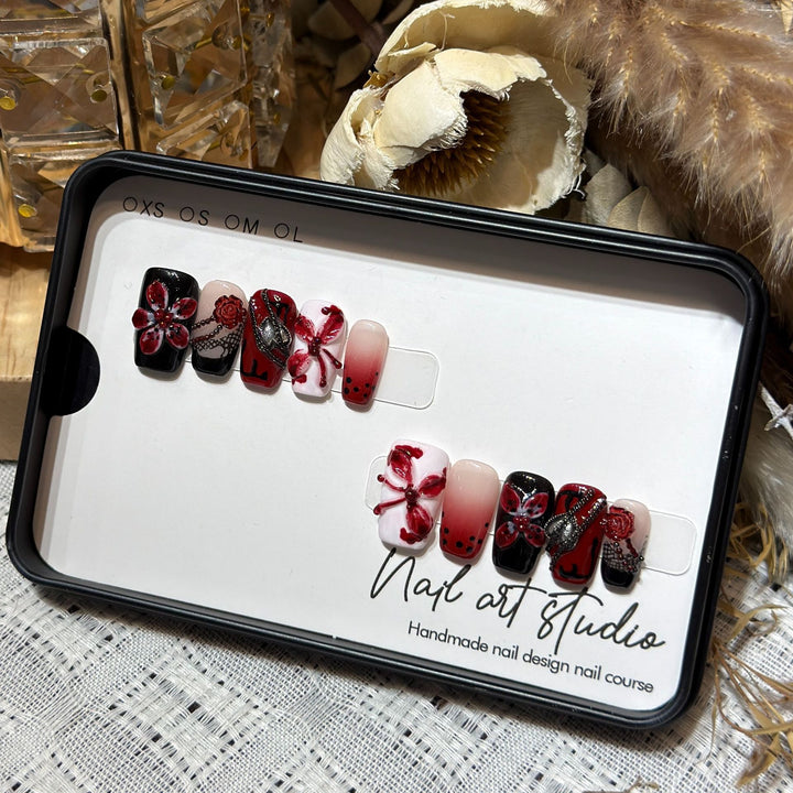 Artistic Nail Decoration Press-On Set with Unique Floral and Gemstone Designs Stornfield