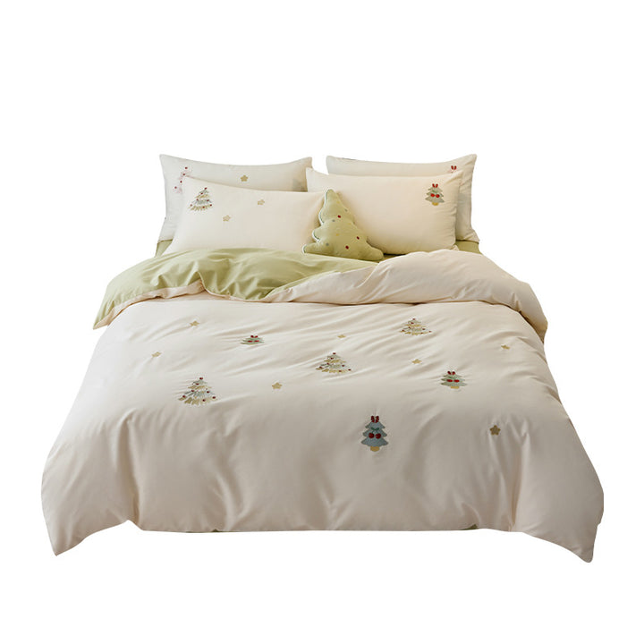 Luxurious cotton bedding set with cherry embroidery and reversible design
