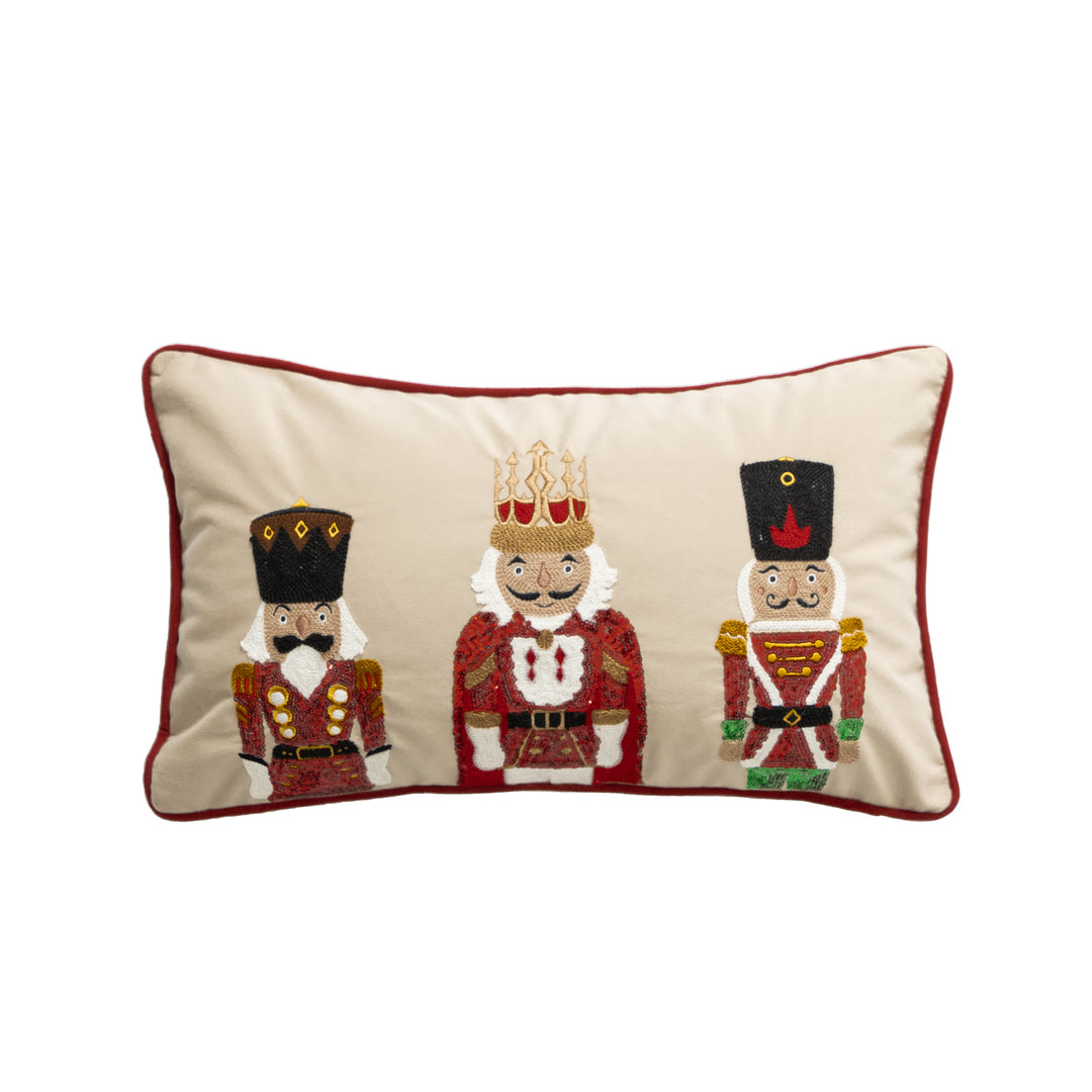Christmas decorative pillow with nutcracker embroidery and piping edge