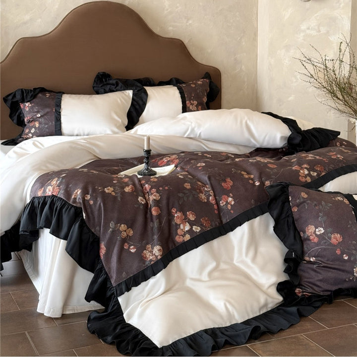 Victorian-Style Ruffled Floral Duvet Cover Set with Pleated Satin Border and Decorative Shams