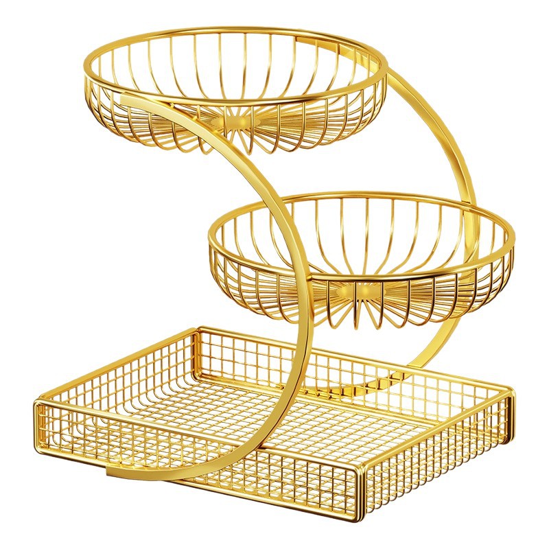 Three-Tier Gold Mesh Fruit Basket Countertop Organizer with Curved Frame