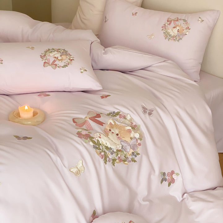 Pastel Botanical Embroidered Duvet Cover Set with Decorative Round Cushion
