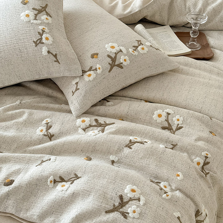 Embroidered Cotton-Linen Duvet Cover Bedding Set with Quilted Reversible Comforter and Decorative Pillow Shams