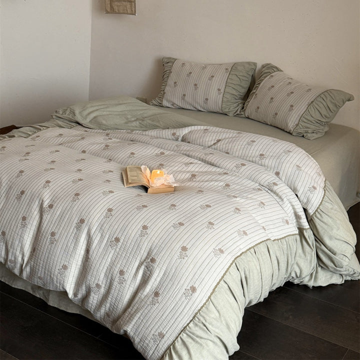 Quilted Floral Embroidered Cotton Duvet Cover Set with Ruffled Skirt and Pillow Shams