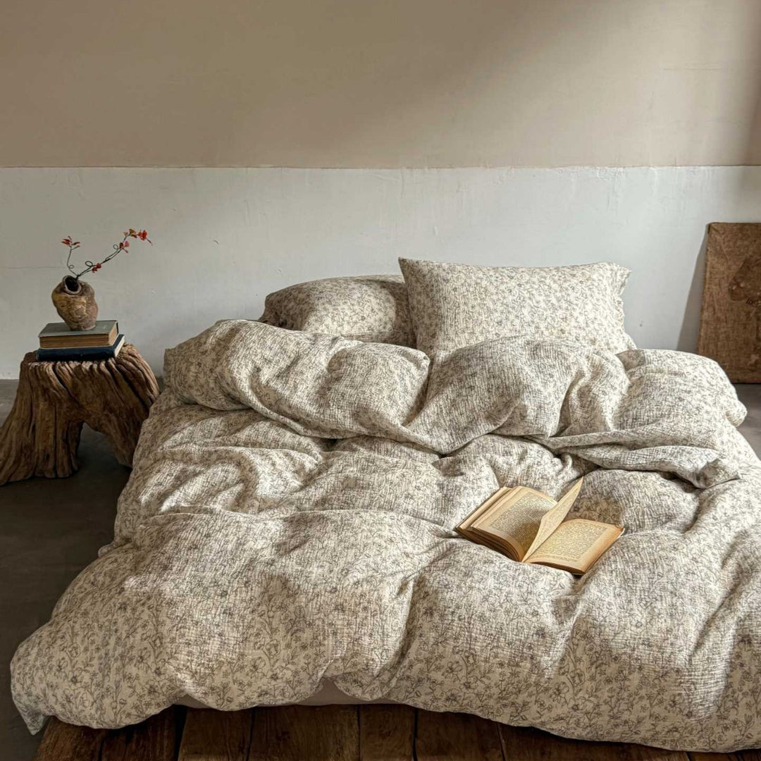 Natural cotton-linen duvet cover set with a crinkled linen look and floral tone-on-tone pattern