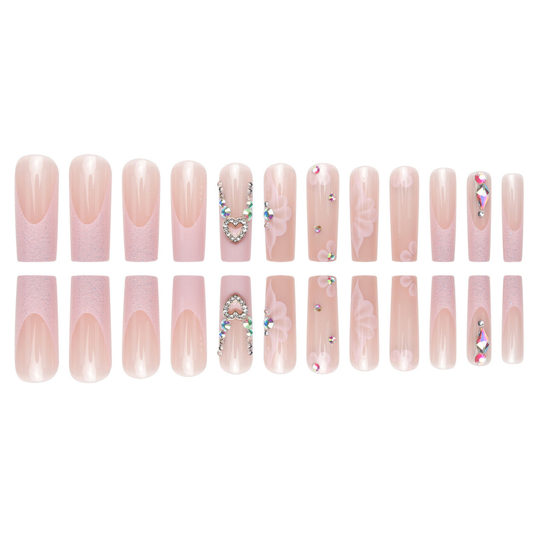 Decorative Long Press-On Nail Set with Floral and Gem Details Stornfield