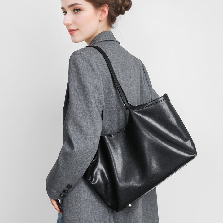 Glossy Smooth Leather-Look Shoulder Tote with Adjustable Buckle Straps & Metal Feet