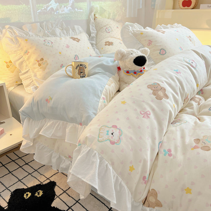 Ruffled Frilled Cotton Cartoon Animal Duvet Cover & Pillow Sham Set