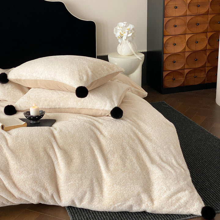 Plush Textured Duvet Cover Set with Pom-Pom Corner Accents and Matching Pillow Shams