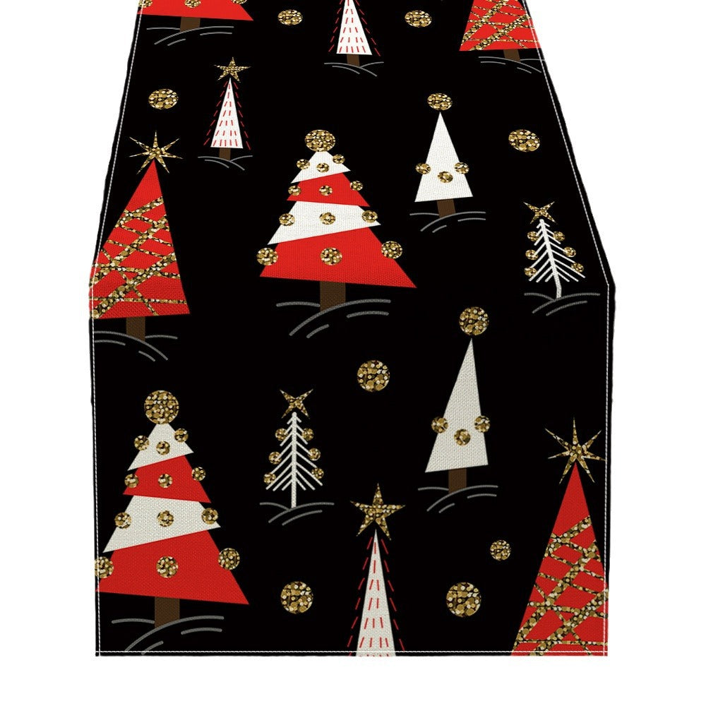 Buffalo-Edge Cotton-Linen Christmas Table Runner with Merry Christmas Tree Art