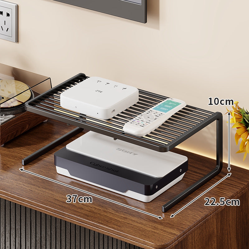 Two-Tier Ventilated Metal Electronics Organizer Shelf for Routers, Set-Top Boxes and Remotes