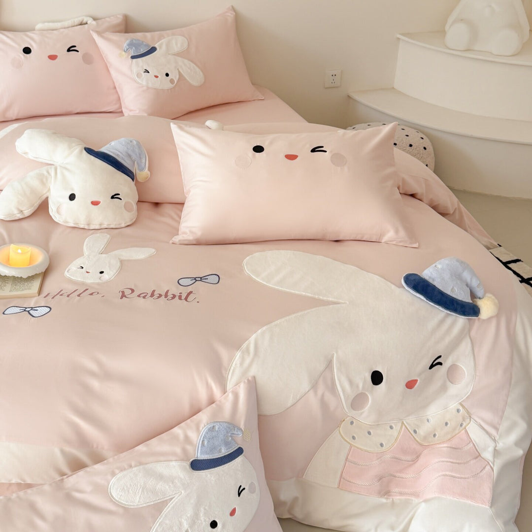 Cute Bunny Embroidered Cotton Sateen Duvet Cover Set with Plush Appliqué & Ear Pillow Shams