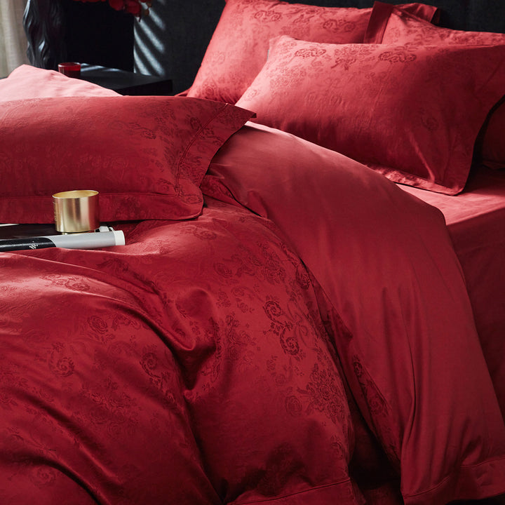 Premium bedding set made of cotton satin with subtle jacquard embossing and concealed zipper
