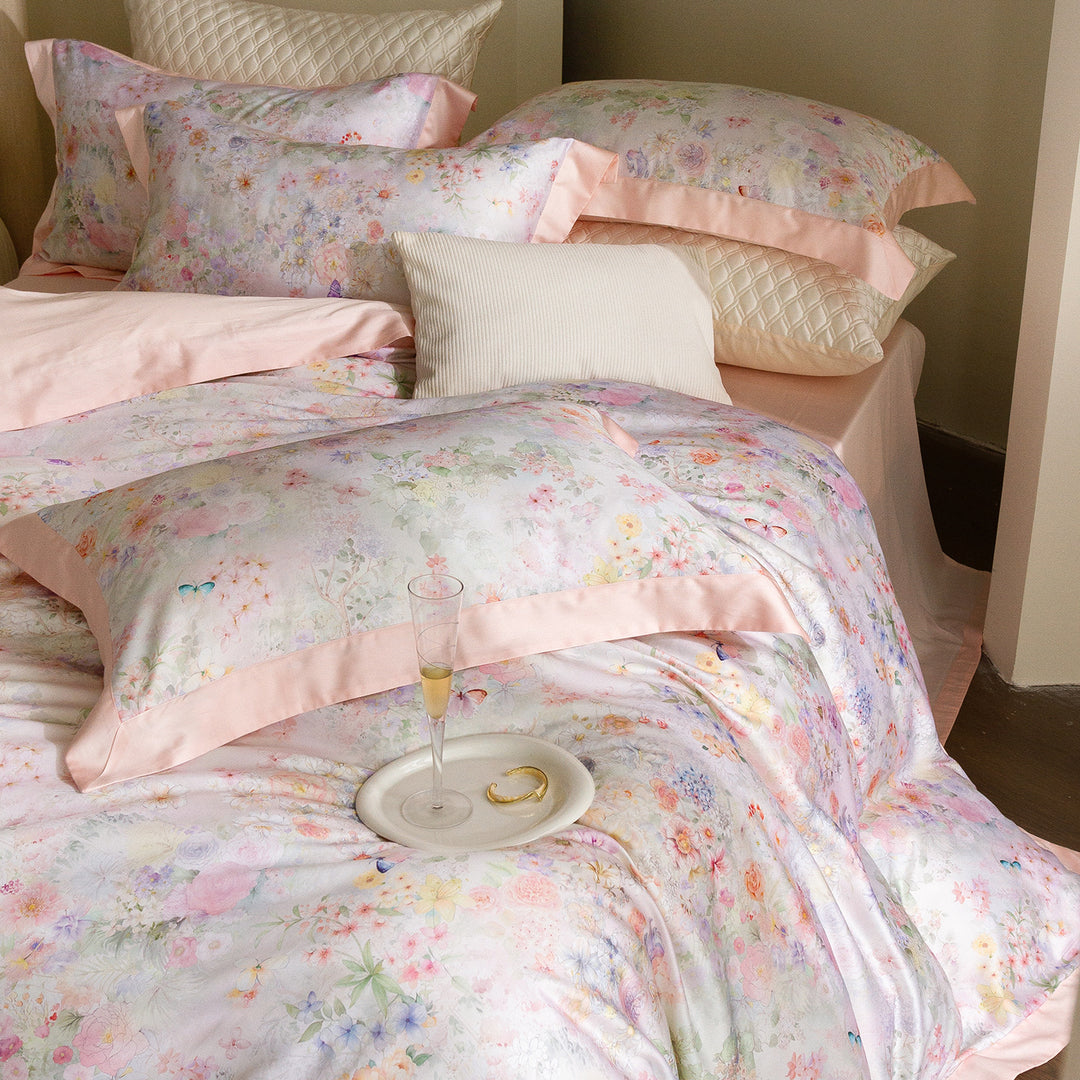 Satin bed set with floral watercolor border and satin edge