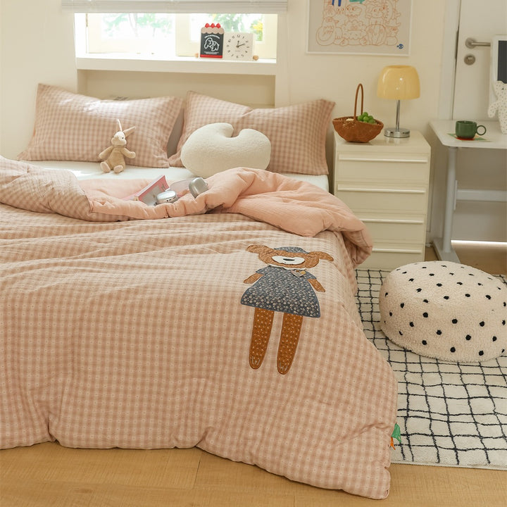 Children's Quilted Gingham Duvet Cover Set with Appliqué Bear Motif