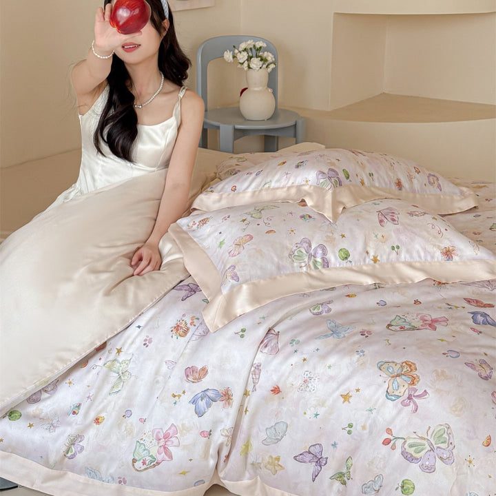 Silky Satin-Feel Reversible Butterfly Print Duvet Cover Set with Satin-Trim